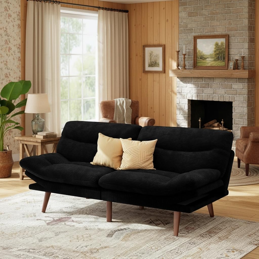 Photo 1 of **DIRT**Marsail Futon Sofa Bed, 66” Futon Couch with Adjustable Backrest & Armrests, Convertible Small Sleeper Sofa Bed for Small Apartments, Study Room, Office, Corduroy Loveseat, Black