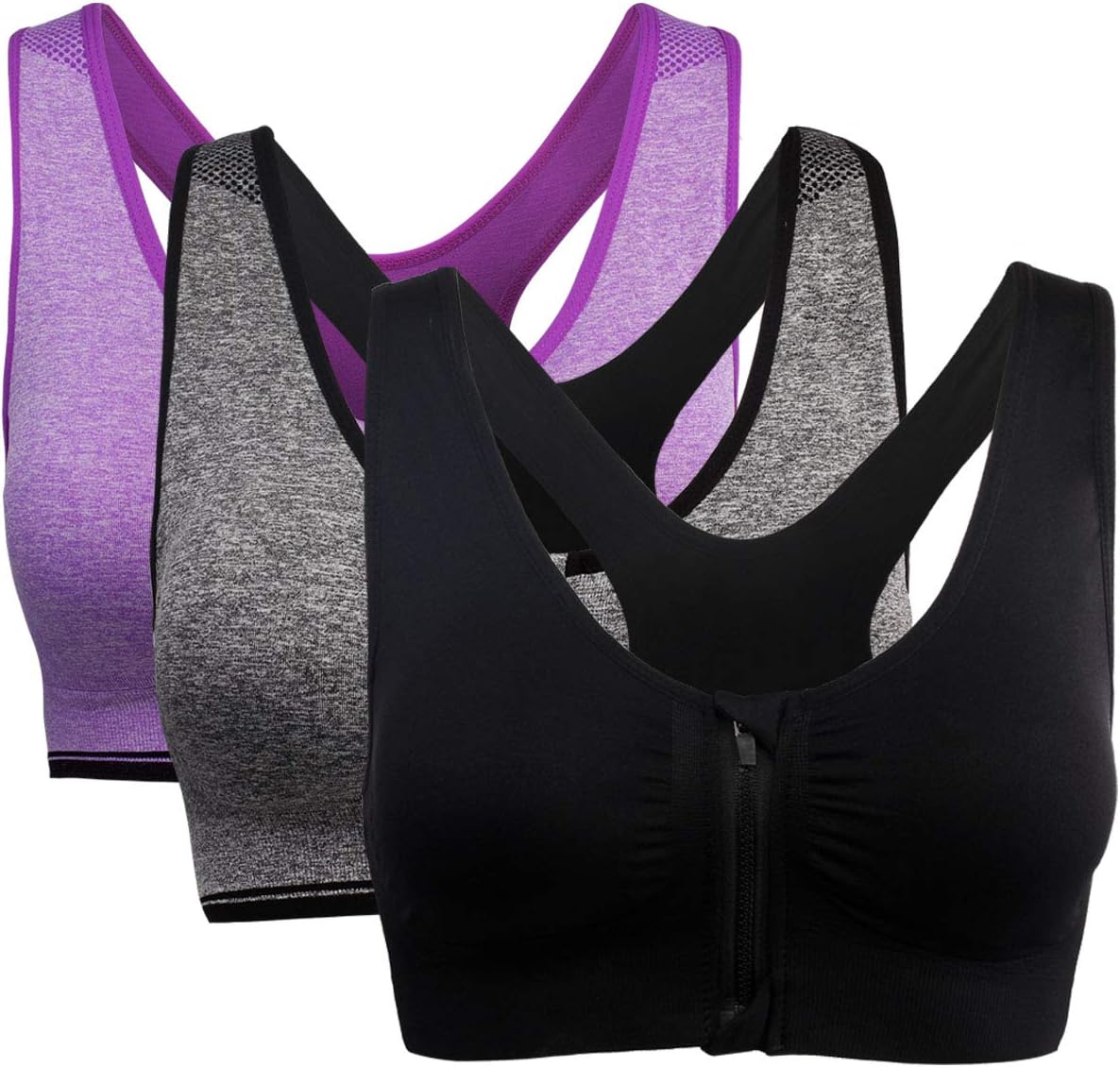 Women 2/3 Pack Zip Front Sports Bra Racerback Padded Wirefree Crop Top Bras Breathable Shockproof Running Yoga Ladies Underwear