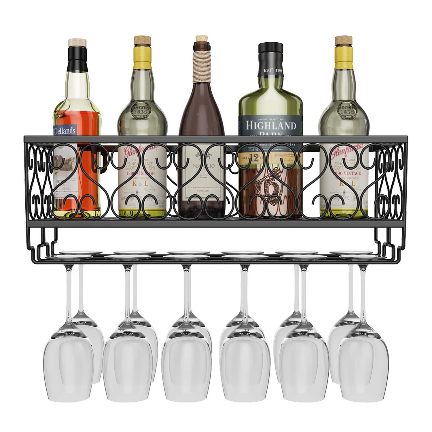 AcornFort W-611 Wall-Mounted Wine Rack with Glass Holder - 50x20cm, Black - Holds 12 Bottles & 12 Stemware, Heavy Duty Metal