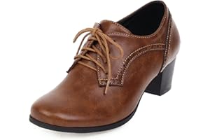 SHEMEE Women's Chunky High Heels Wingtip Oxfords Round Toe Lace Up Stacked Block Heel Vintage Brogues Pumps Shoes