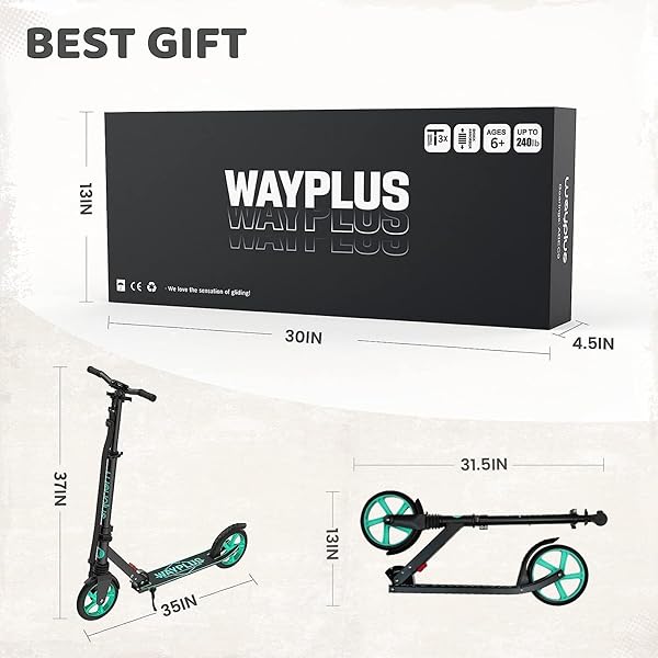 WAYPLUS AQUAS KICK SCOOTER FOR KIDS, TEENS & ADULTS – FOLDABLE, LIGHTWEIGHT, 8-INCH NON-SLIP DECK, ABEC9 BEARINGS, ADJUSTABLE HEIGHT, LIFETIME SERVICE