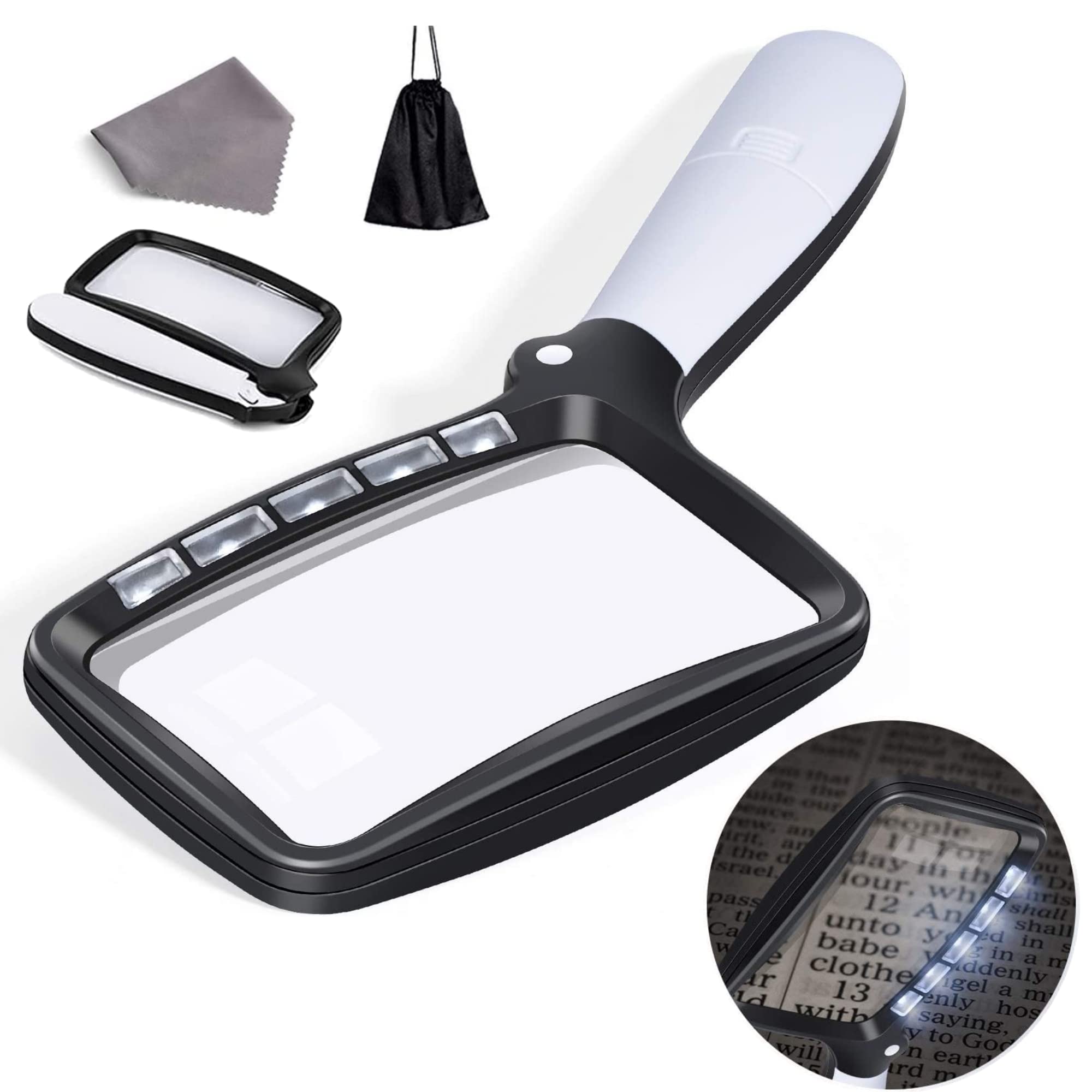 VOCA Folding Handheld Magnifying Glass with Light, Rectangle Reading Magnifier Dimmable LED for Seniors, Newspaper, Books, Low Visions, reading, White/Black, 14*11.5cm (10863)