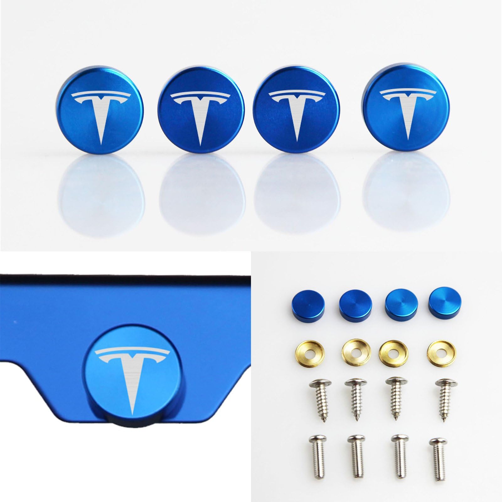 Set of 4 Fit Tesla Logo Laser Engraved Blue Aluminum Metal Cap Stainless Steel Screw for Car License Plate Frame