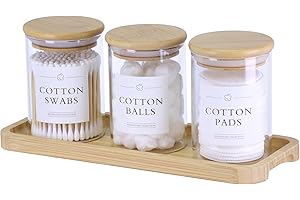 INIUNIK Qtip Holder with Vanity Tray - 3 Pack Glass Apothecary Jars with Lids, Cotton Ball Swab Pad Floss Pick Holder, Bathroom Organizers Jars Containers Canisters Accessories Set