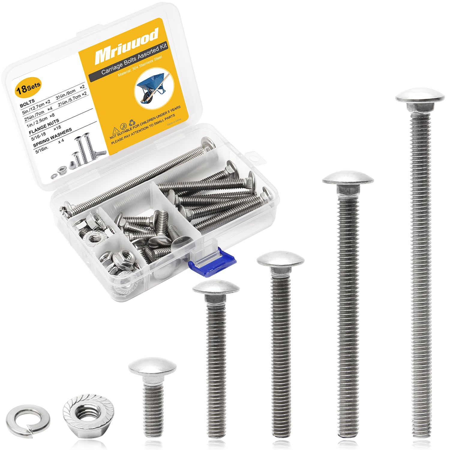 Photo 1 of 18 Sets 5/16-18 Carriage Bolts for Wheelbarrow Handles Nut and Bolt Set 304 Stainless Steel Wheelbarrow Rebuild Parts Replacement Assortment Kit for Furniture Repair, and Wood Joining