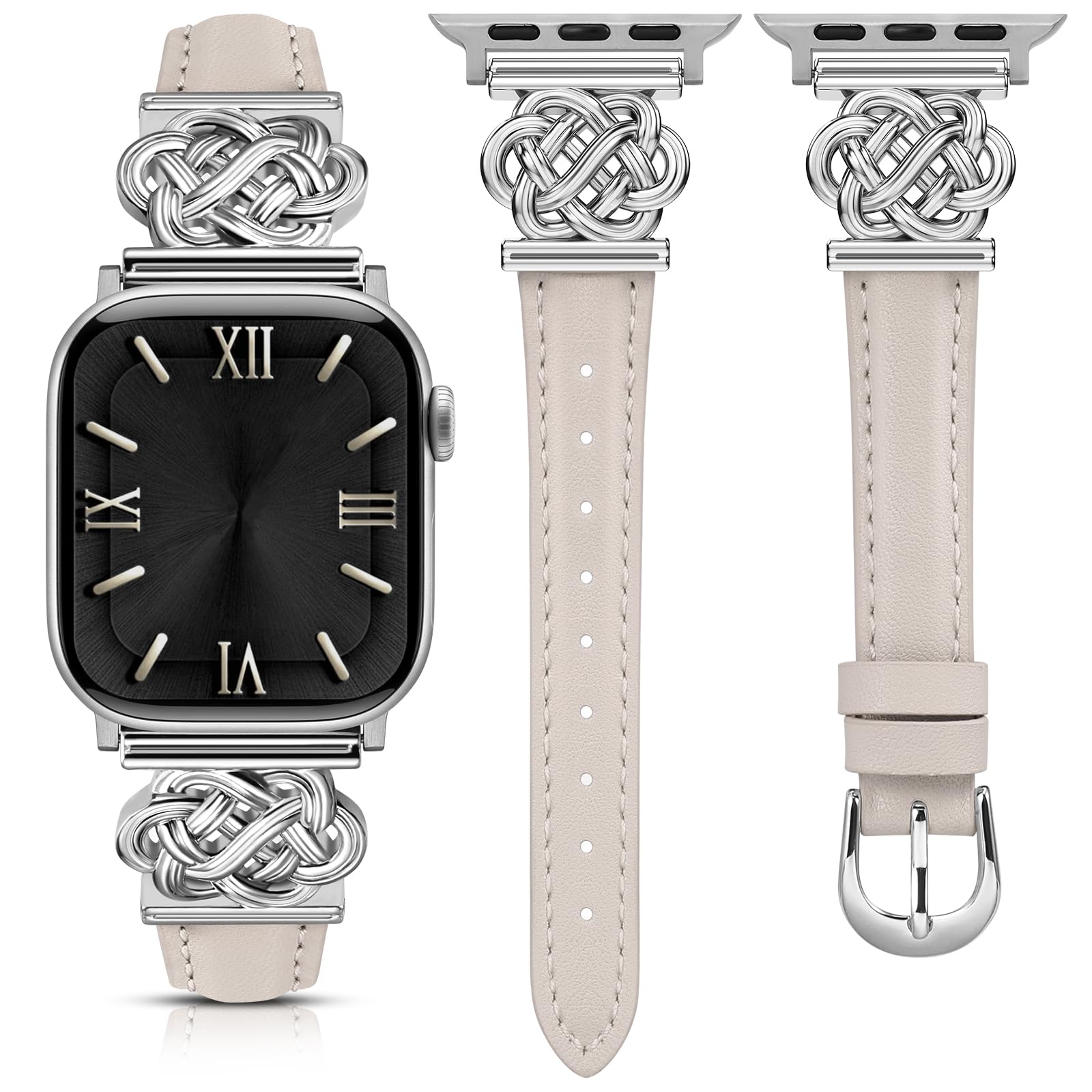 Minyee Celtic Knot Leather Band Compatible with Apple Watch Band 38/40/41/42mm Women, Slim Dressy Luxury Premium Leather Buckle Strap for iWatch Series 11 10 9 SE 8 7 6 5 4 3 2 1, Starlight/Silver