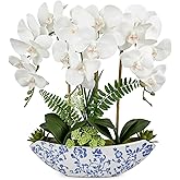 Briful Orchid Artificial Flowers 18in White Fake Orchid Silk Flowers with Blue and White Ceramic Vase Faux Orchid Arrangement for Home Office Room Coffee Table Centerpiece Modern Decor