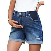 BLENCOT Maternity Jean Shorts for Women Under Belly Pregnancy Trendy Ripped Casual Summer Fold Hem Stretchy Shorts Denim