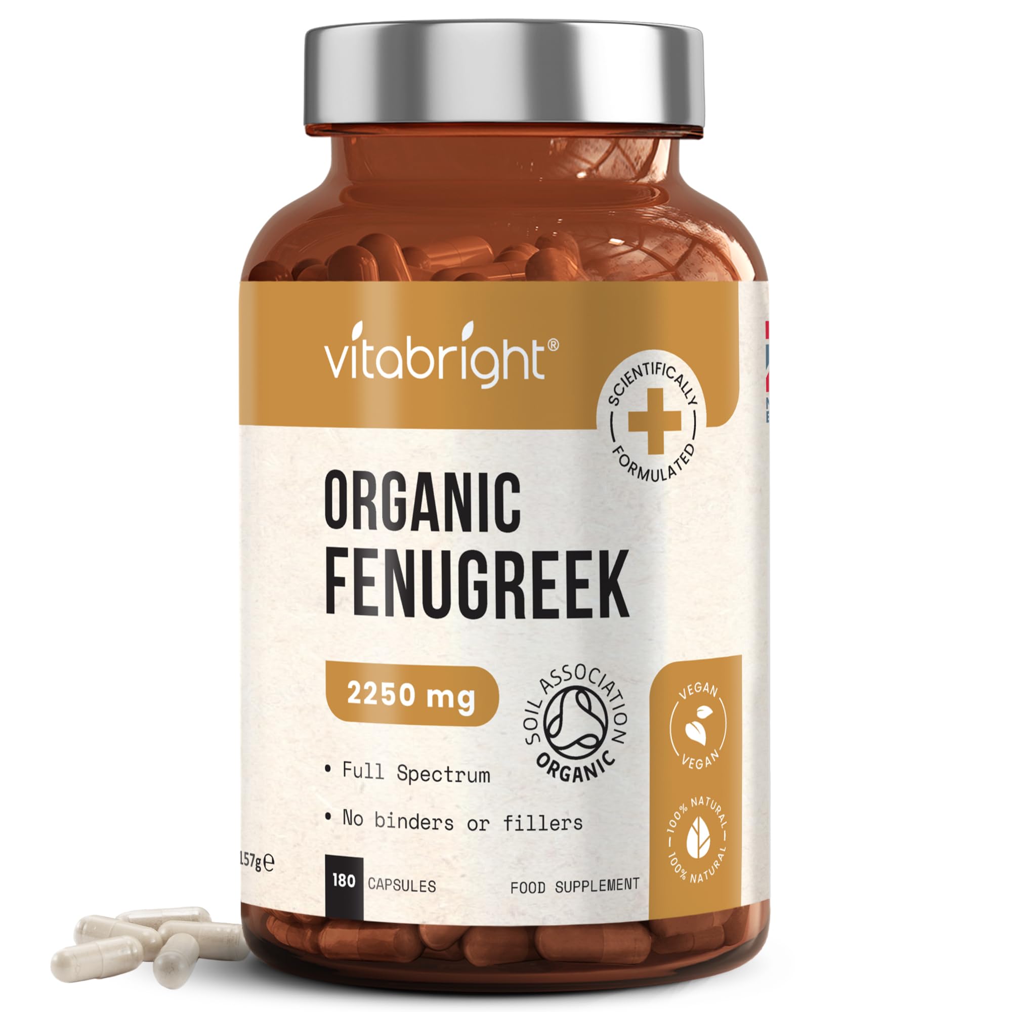 VitaBright Fenugreek Capsules 2250mg | 180 Capsules | 2 Month Supply | High Dose Organic Fenugreek Seed Supplement | Convenient Daily for Women | Made in Britain