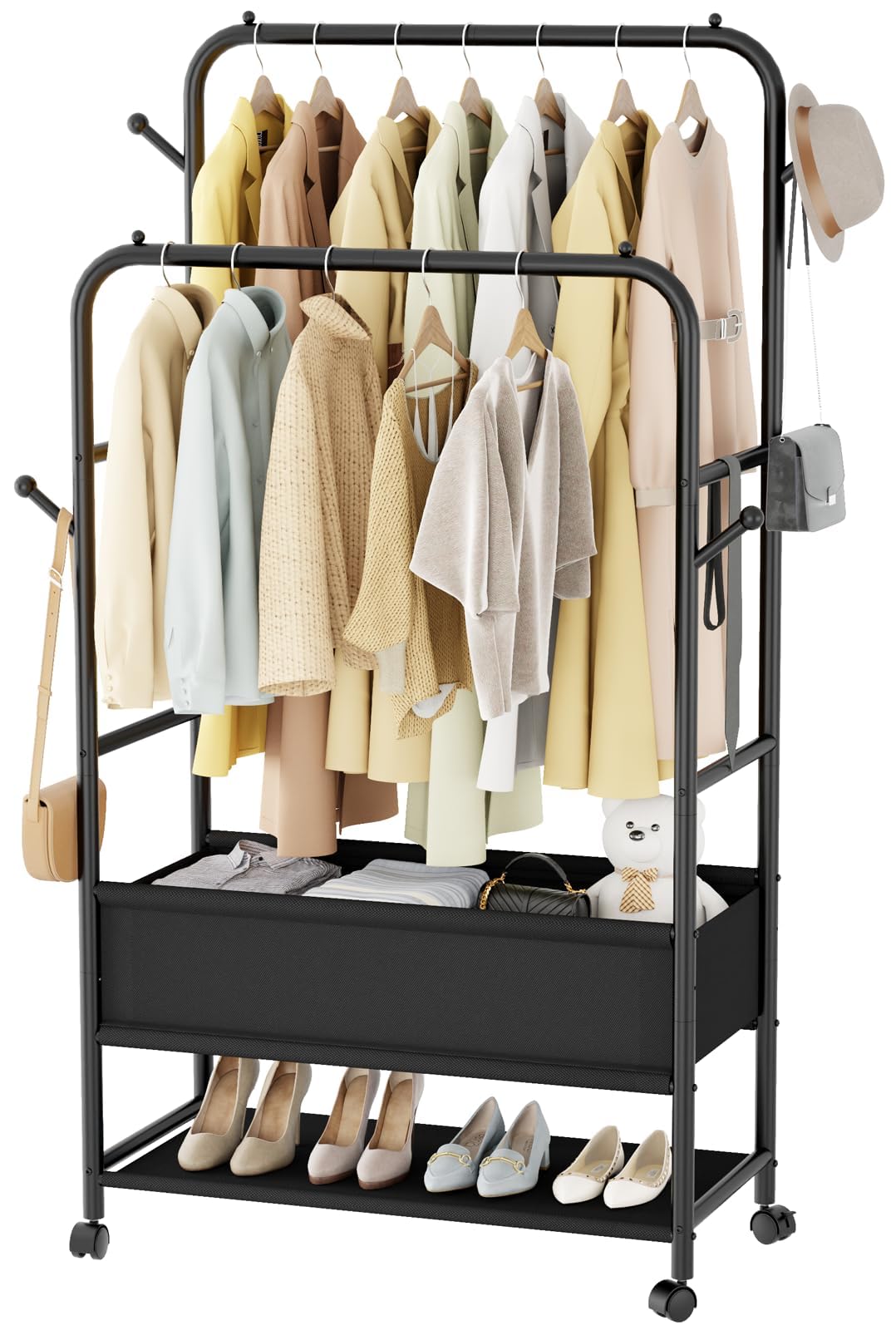 Photo 1 of Furologee Clothing Racks for Hanging Clothes, Portable Rolling Garment Rack, Sturdy Metal Freestanding Clothes Rack with Wheels, Double Rods Wardrobe Racks for Bedroom Laundry Living Room