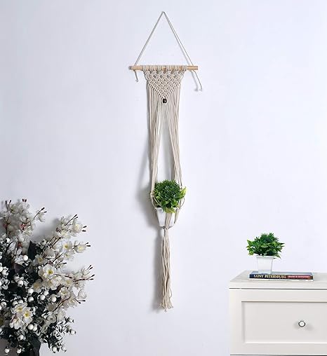 pepme Macrame Cotton Plant Hanger | Wall Hook Hanger, Rope Flower Pot Holder for Indoor Outdoor Balcony Garden | Home Decor Flower Planter Hanging Rope (Wooden Stick, Pack of 1)