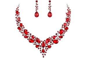 BriLove Women's Wedding Bridal Austrian Crystal Teardrop Cluster Statement Necklace Dangle Earrings Jewelry Set