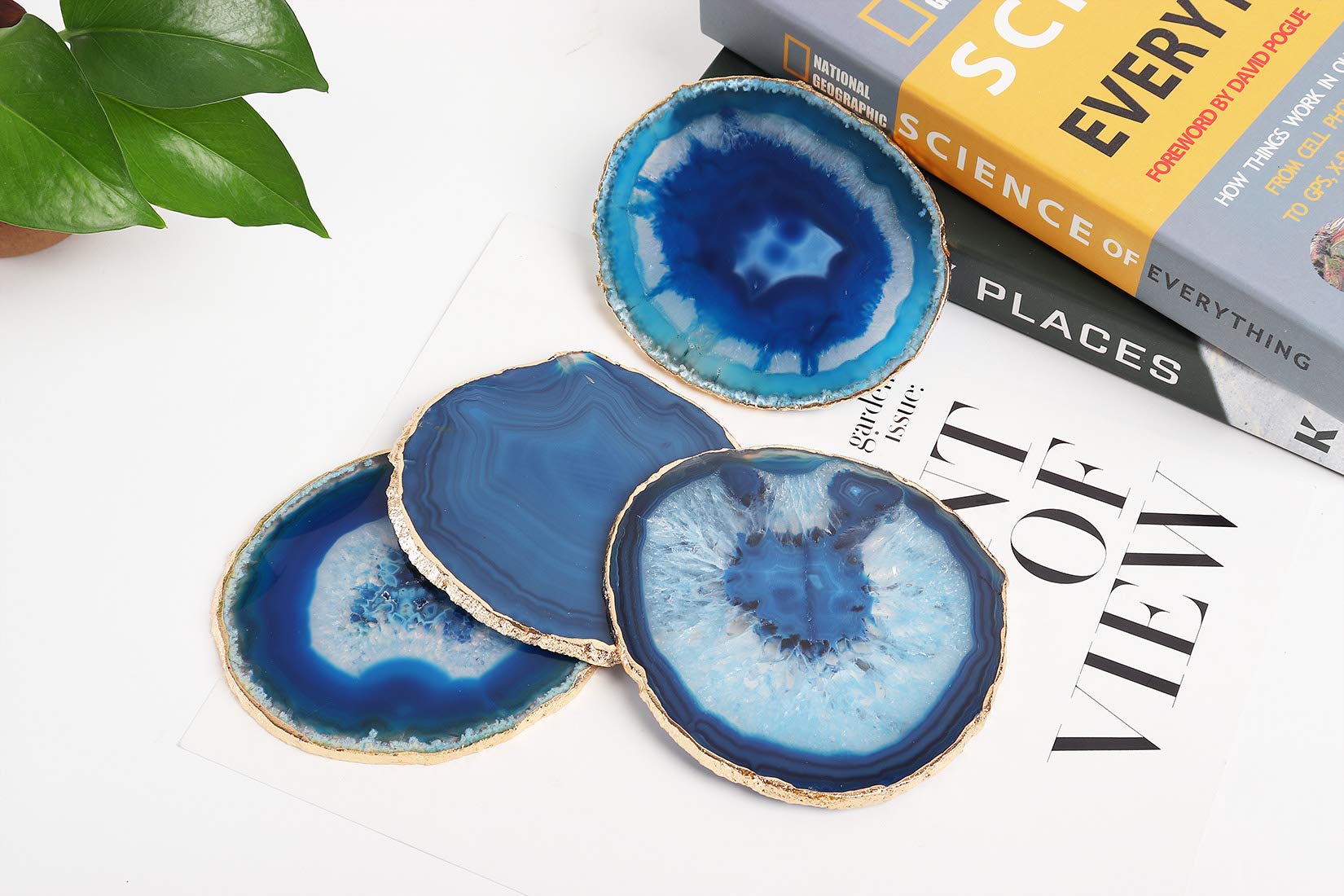 JIC Gem Golden Plated Dyed Blue Agate Coasters Set of 4, Crystal Coaster for Drinks,Geode Coasters with Gold Edge, with Rubber Bumper,Suitable for Kinds of Cups, Wooden Table, Cool Home Decor(3－4")