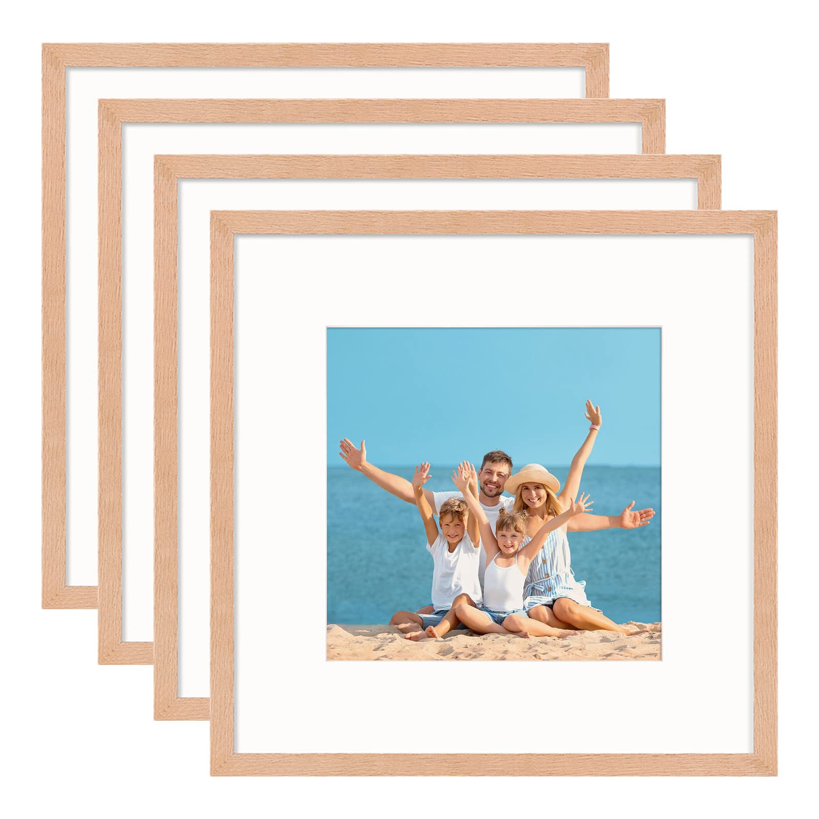 12x12 inch Square Picture Frame Made of OAK Wood with Perspex front,30x30cm Natural Wood Color Photo Frame Display 8x8inch Photo with Mat or 12x12inch Without Mat for Wall Mounting,Set of 4