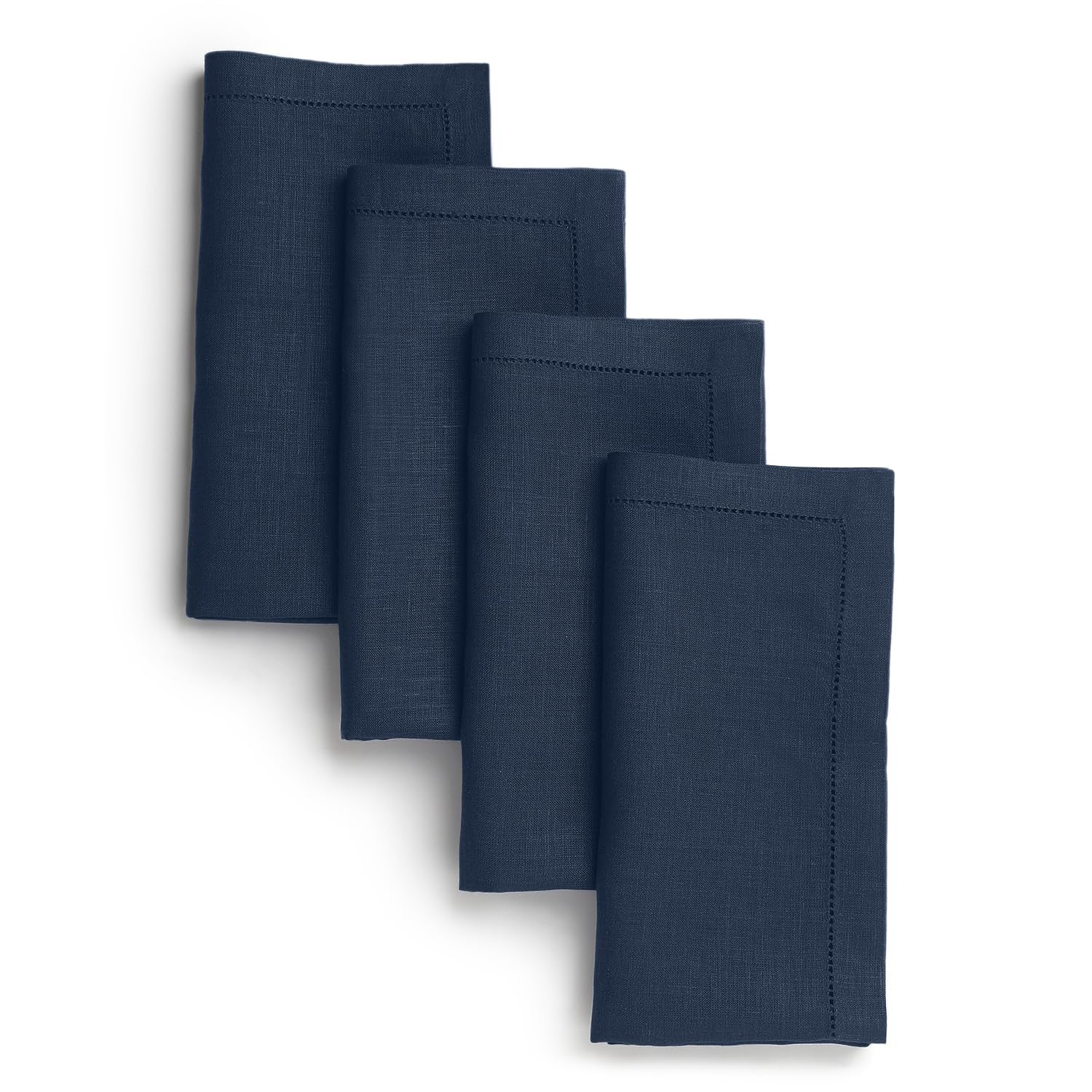 D'Moksha Homes Navy Blue Linen Napkins Set of 4 - Classic Hemstitch 100% Pure Linen Hemstitch Dinner Napkins 51 x 51 CM for Winter, Christmas, Holiday - Handcrafted and Machine Washable