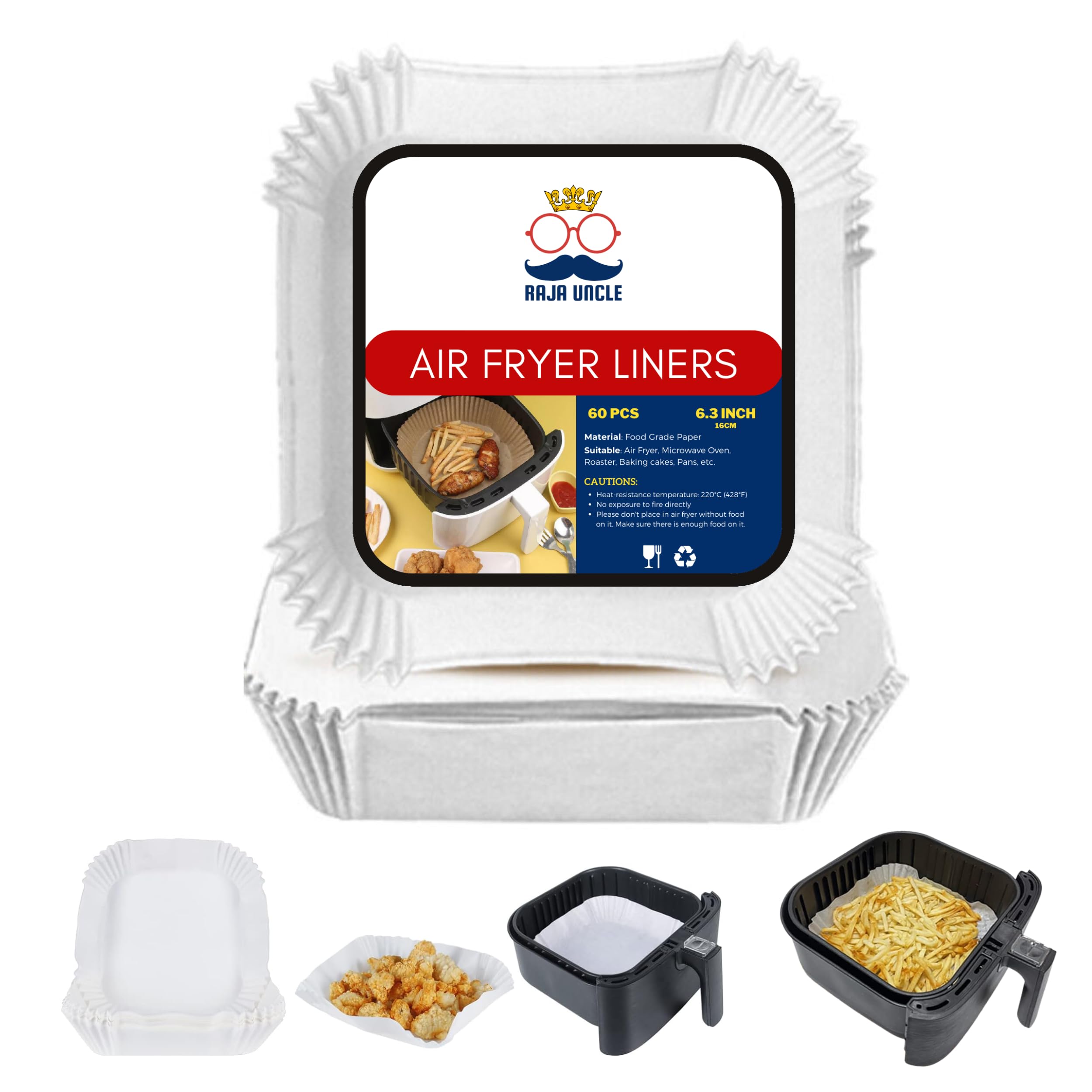 RAJA UNCLE Air Fryer Liners, Paper Liners, 60PCS of, 6.3 inch Square White, Non-Stick, Greaseproof Air Fryer Paper Liners Compatible with COSORI, Ninja & Tower Air Fryer (Unbleached)