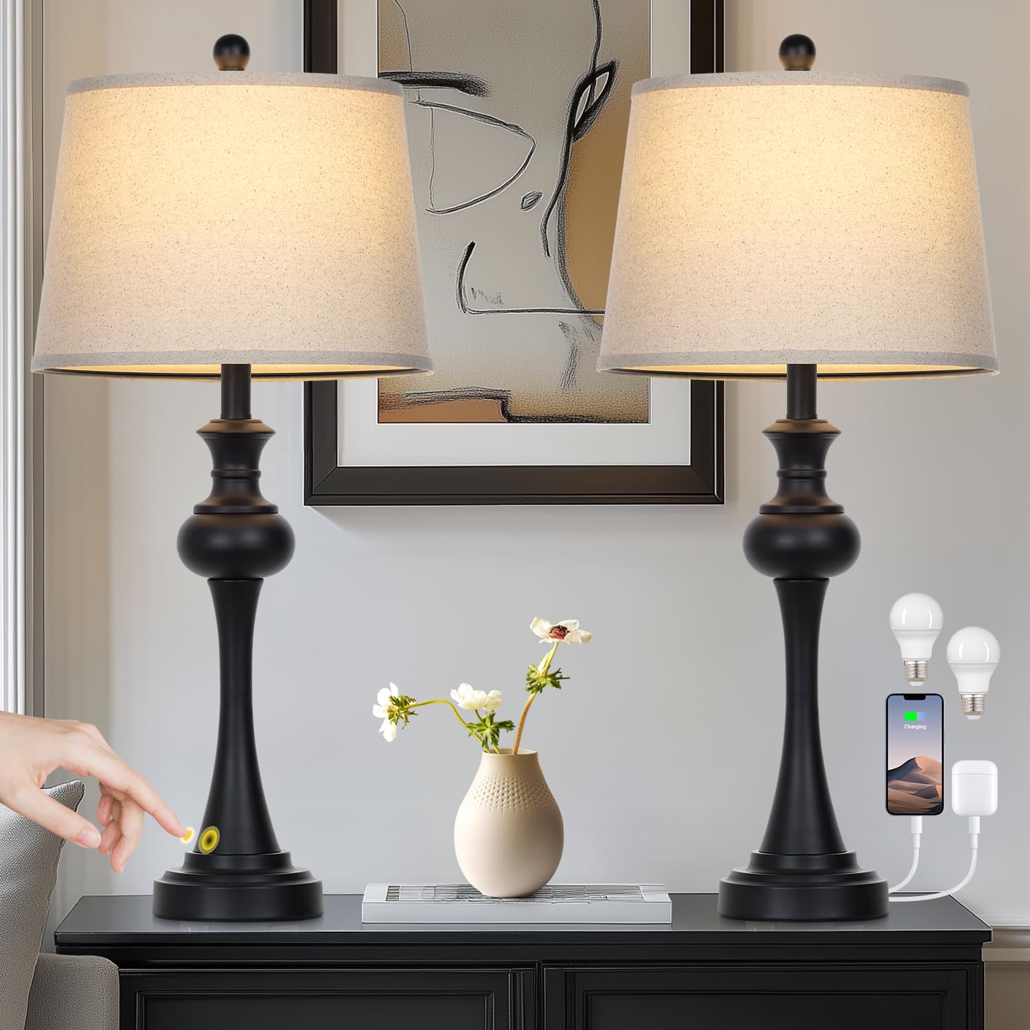 Photo 1 of 28.75" 3-Way Touch Control Modern Table Lamp Set of 2 for Living Room, Bedside Lamp with USB A+C Ports, Mid Century Black Table Lamps, Nightstand Lamps Set,Beige Fabric Shade Vintage Accent Style