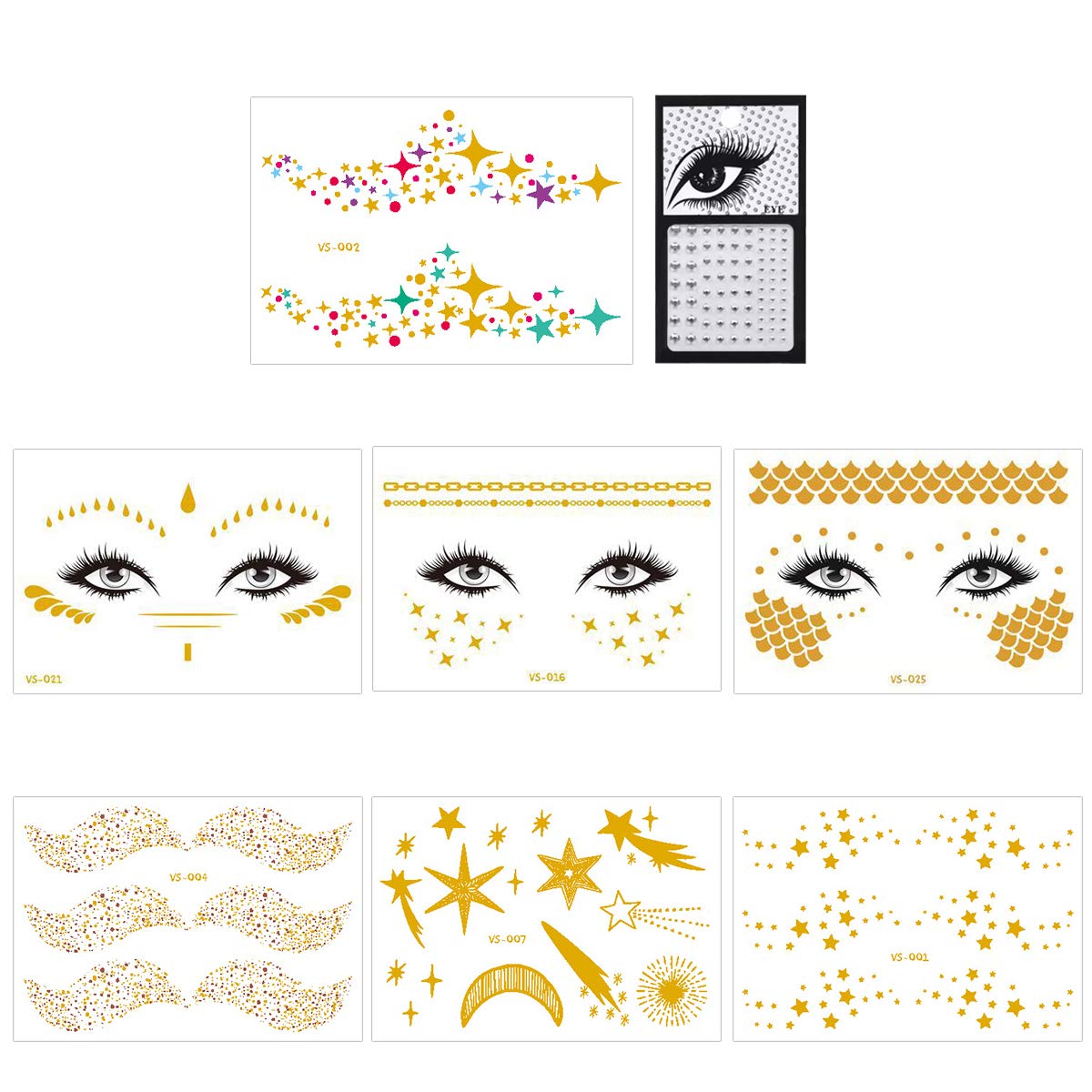 Lady Up 7 Sheets Face Temporary Tattoos Sticker Waterproof Metallic Gold Tattoo for Women Water Transfer Tattoos for Professional Make up Dancer Costume Parties