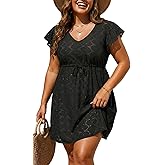 Plus Size Swimsuit Cover Up - Women V Neck Textured Hollow Out Flutter Sleeves Coverups Swimwear Summer Beach Dress
