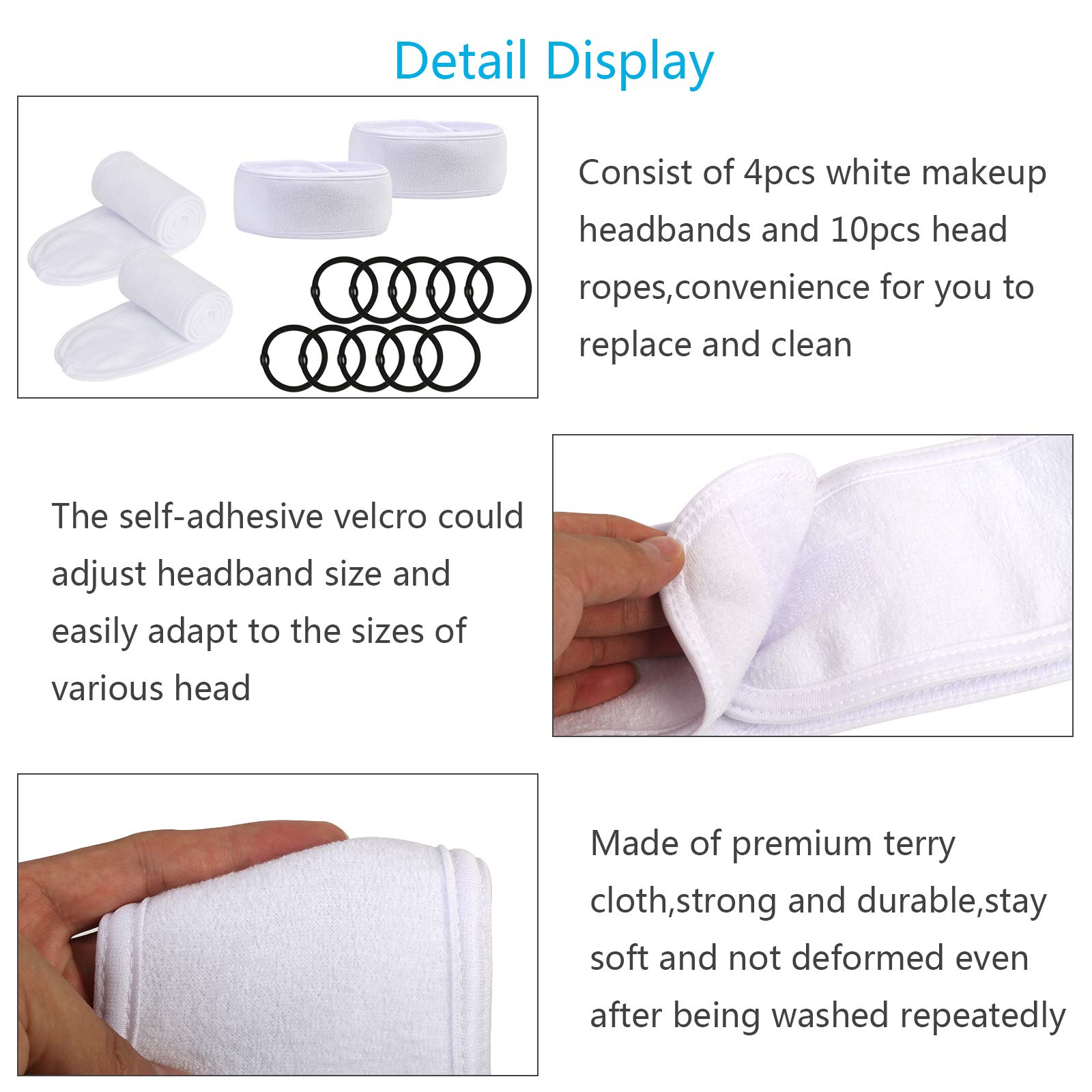 KATOOM Spa Headband 4pcs Makeup Headbands Facial Cosmetic Headband Terry Cloth Head Band with 10pcs Rubber Band for Shower Washing Face Yoga Sport Make Up (White)