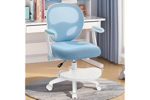HOFFREE Kids Desk Chair Ergonomic Study Chair with Flipped Armrest and Footrest Adjustable Height Swivel Kids Computer Chair Mesh Desk Chair for Boys Girls Children in Home Bedroom Study Room Blue