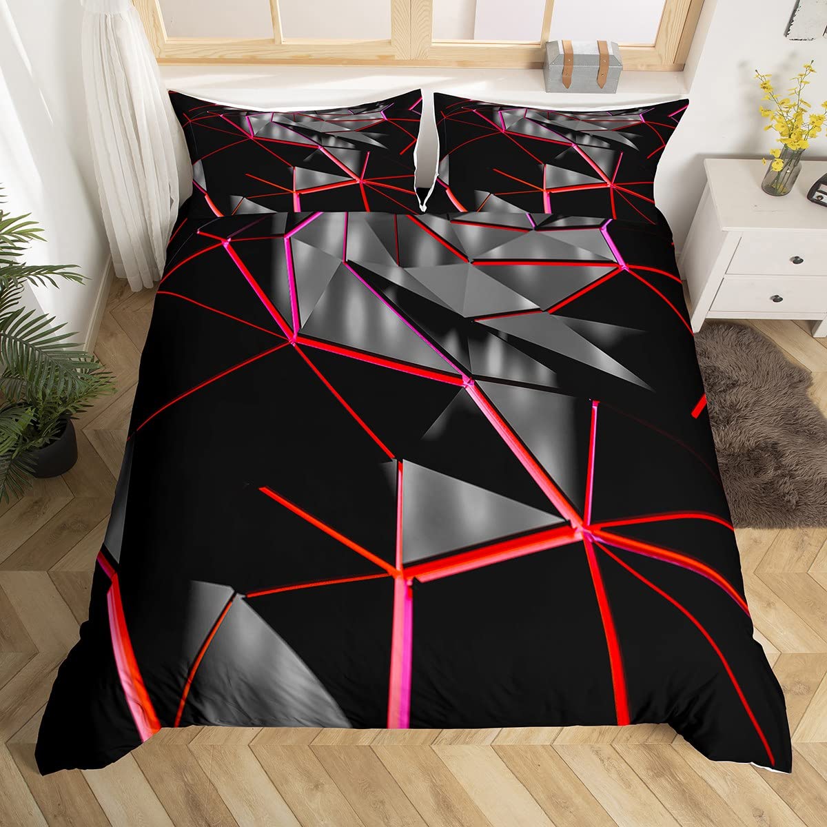 Loussiesd Red Honeycomb Comforter Cover Stereoscopic Honeycomb Bedding Set for Kids Beehive Duvet Cover Geometric Honeycomb Bedspread Cover Simplistic Room Decor Quilt Cover Single Boys โ image 1