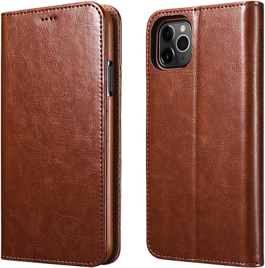 ICARER iPhone 11 Pro Wallet Case, Premium Leather Folio Flip Cover with Kickstand and 3 Credit Slots for Apple iPhone 11 Pro 5.8 Inch (Brown)