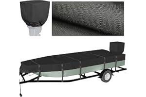 Nukugula Heavy Duty Ture 900D Polyester Jon Boat Cover 14ft - 16 ft with Motor Cover, 100% Waterproof Anti-UV Trailerable Jon Boat Covers 14-16 Foot with 9+4 Pcs Windproof Straps