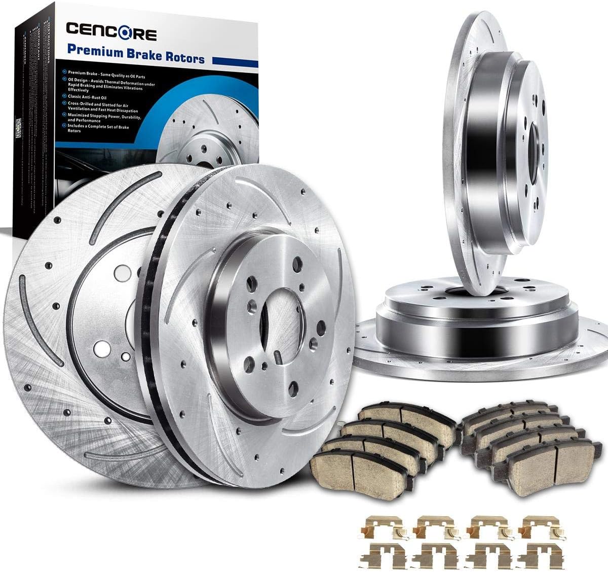 CENCORE Front & Rear Brake Disc Kit Cross Drilled & Slotted 4 Brake Rotors & 8 Ceramic Brake Pads 5 Lug Compatible with Honda Odyssey 2005-2010 All Model