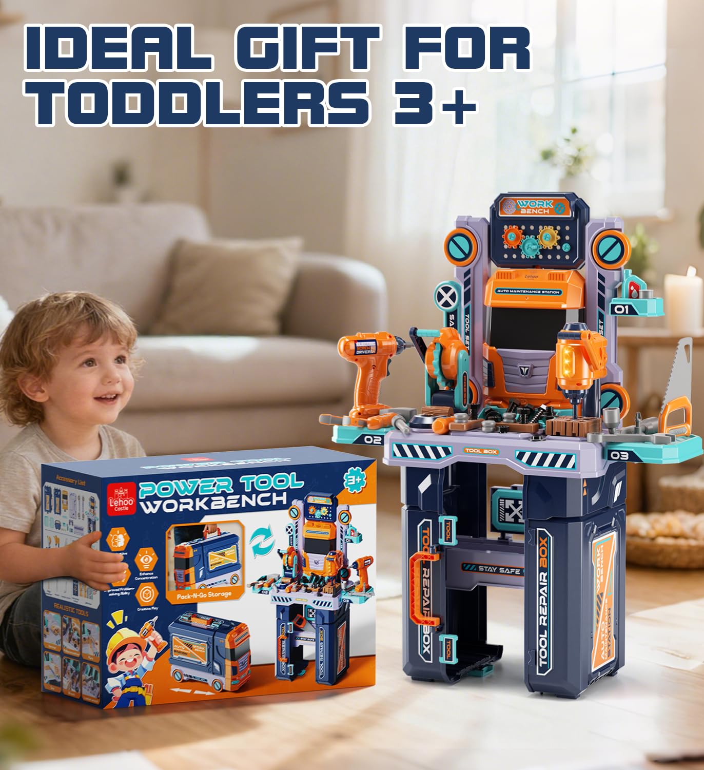 Lehoo Castle Werkbank Kinder 83cm Großformat, Transformierbarer LKW mit Elektrischem Werkzeug Bohrhammer mit Licht & Sound, Werkzeugkoffer Lernspielzeug, Geschenk für Jungen Mädchen ab 3 4 5 Jahren 8