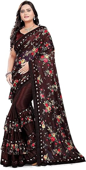 KRUPA Women's Ethnic Wear Lycra Ruffle Frills Print Saree Printed Lycra Silk Blend Saree With Blouse Pices