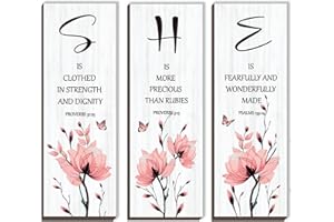 DONFENTHY 3 Pieces Inspirational Pink Floral Wall Decor Wooden Hanging Wall Art Christian Quotes SHE Word Sign Gift for Girl Teen Women Bedroom Bathroom Living Room Nursery Office (Pink 12x4 Inch)