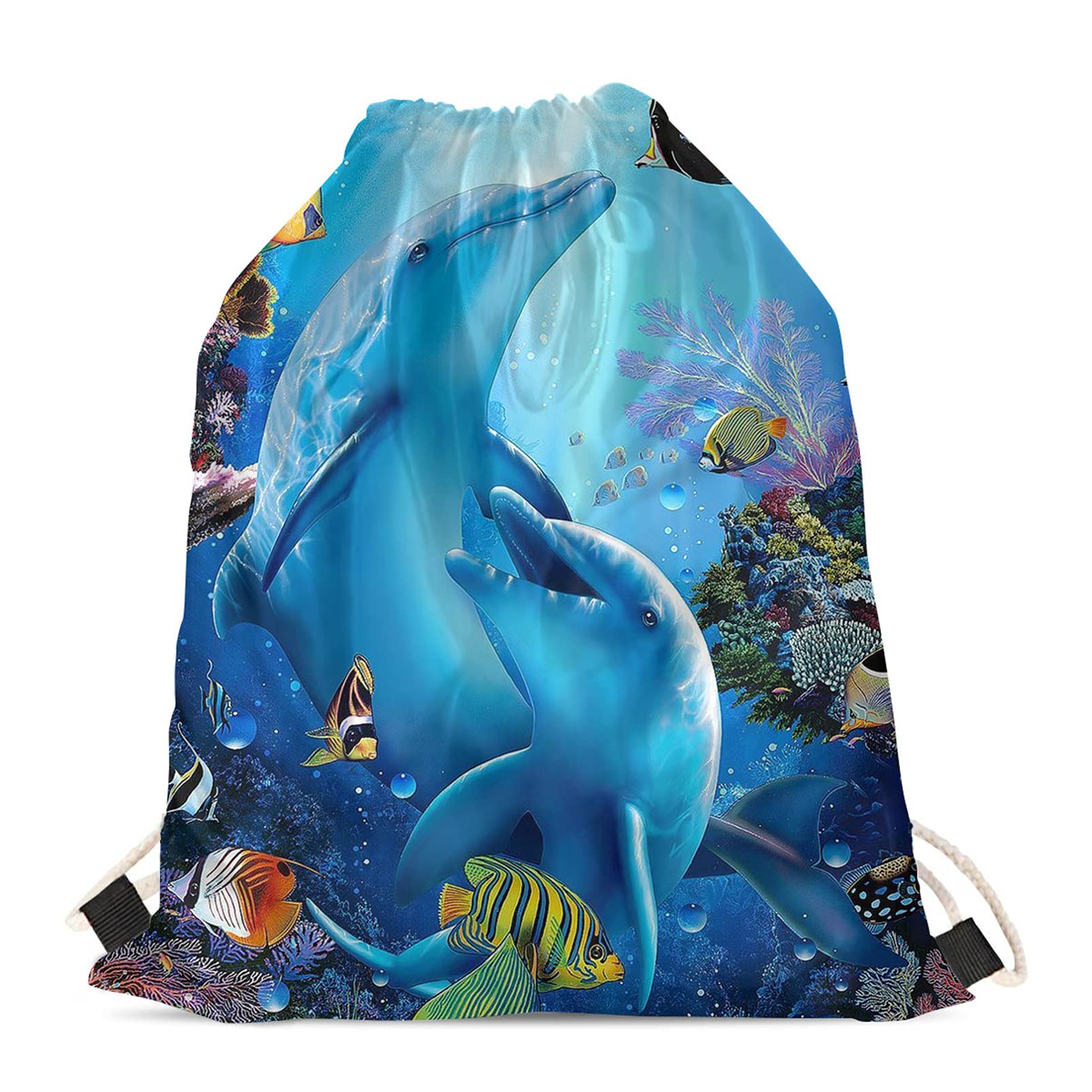 HUIACONG Dolphin Print String Backpack Tropical Seabed Design Waterproof Gym Drawstring Bag, Big Sports Cinch Sack Bag Shoulder Rucksack for Women Kids Girls School PE Swim Bag — image 1