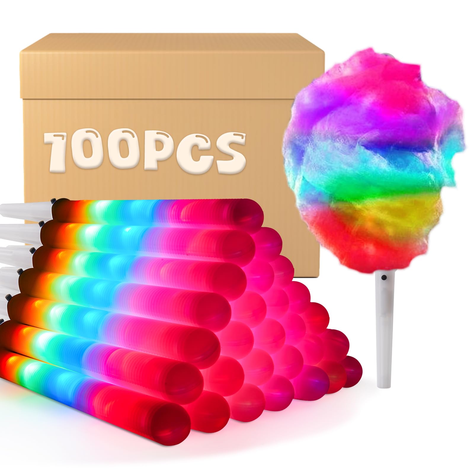 Photo 1 of 100 Pcs LED Cotton Candy Cones - Glowing Cotton Candy Sticks for Parties - Reusable & Waterproof Cotton Candy Holders - Vibrant Colors for Christmas, Birthdays & Events