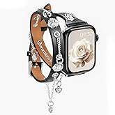 Slim Leather Double Wrap Band Compatible with Apple Watch Bands for Women 38mm 40mm 41mm 42mm 44mm 45mm 49mm 46mm,Top Grain Genuine Leather with Metal Strap Dressy Chain Bracelet for iWatch Series 11/10/9/8/7/6/5/4/3/2/1/SE