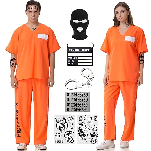 Prisoner Costume Men Women Orange Prison Inmate Outfit Adult Jail
