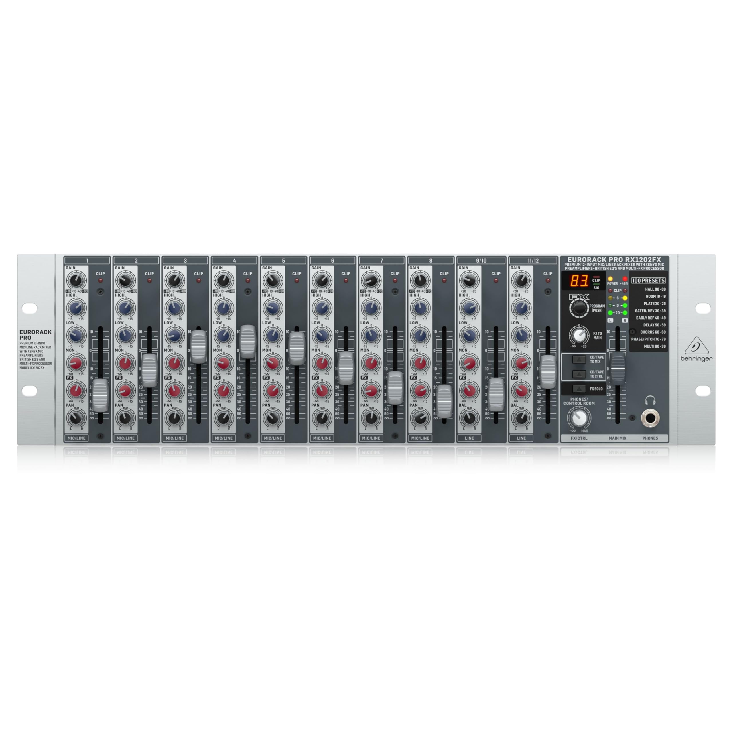Behringer RX1202FX V2 Mezclador de rack de micrófono/línea premium de 12 entradas con preamplificadores de micrófono XENYX, ecualizador británico y procesador Multi-FX