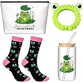Watersay 4 Pcs Frog Gifts for Women Set Include 16oz Glass Cup with Lid Straw Green Frog Eye Elastic Headband Cosmetic Bag Frog Cute Socks for Birthday Christmas
