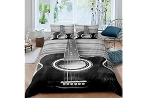 EROSEBRIDAL Guitar Duvet Cover Twin Music Theme Bedding for Kids Teens Adult, Vintage Guitar on Wooden Floor Comforter Quilt Cover, Girls Boys Room Modern Decoration 2 Pcs Bed Set with 1 Pillowcase Grey