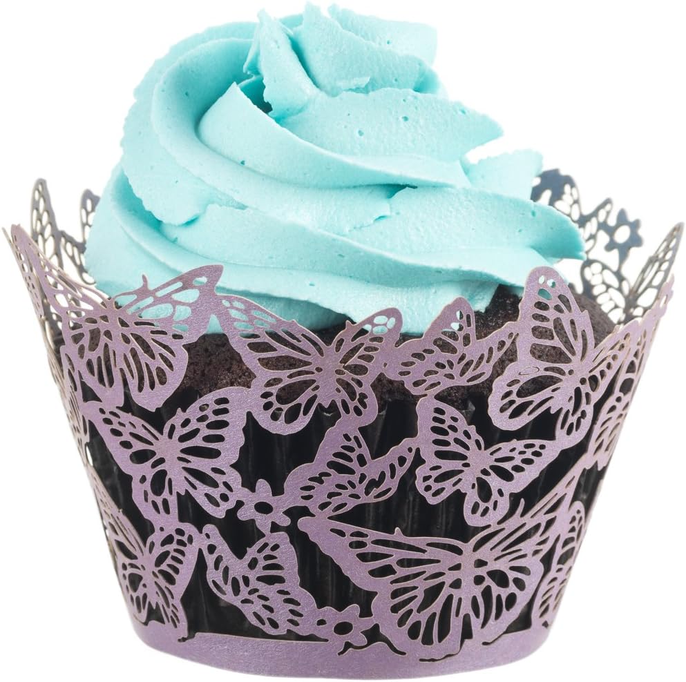 Butterfly Cupcake Wrappers x 50pcs in shimmering purple. 3 styles of butterflies to make your wedding or birthday occasion special. (Purple Flowers)