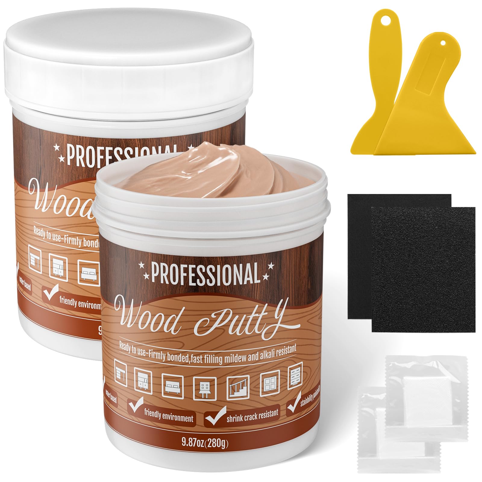 Photo 1 of Tkaimy Wood Filler Putty, Oak Wood Filler, Wood Putty Filler Paintable, Sandable & Stainable, Outdoor Wood Filler Quick Drying, Repair Any Broken Tables, Holes, Dents, Cracks (2 Cans, 9.87 Ounce)