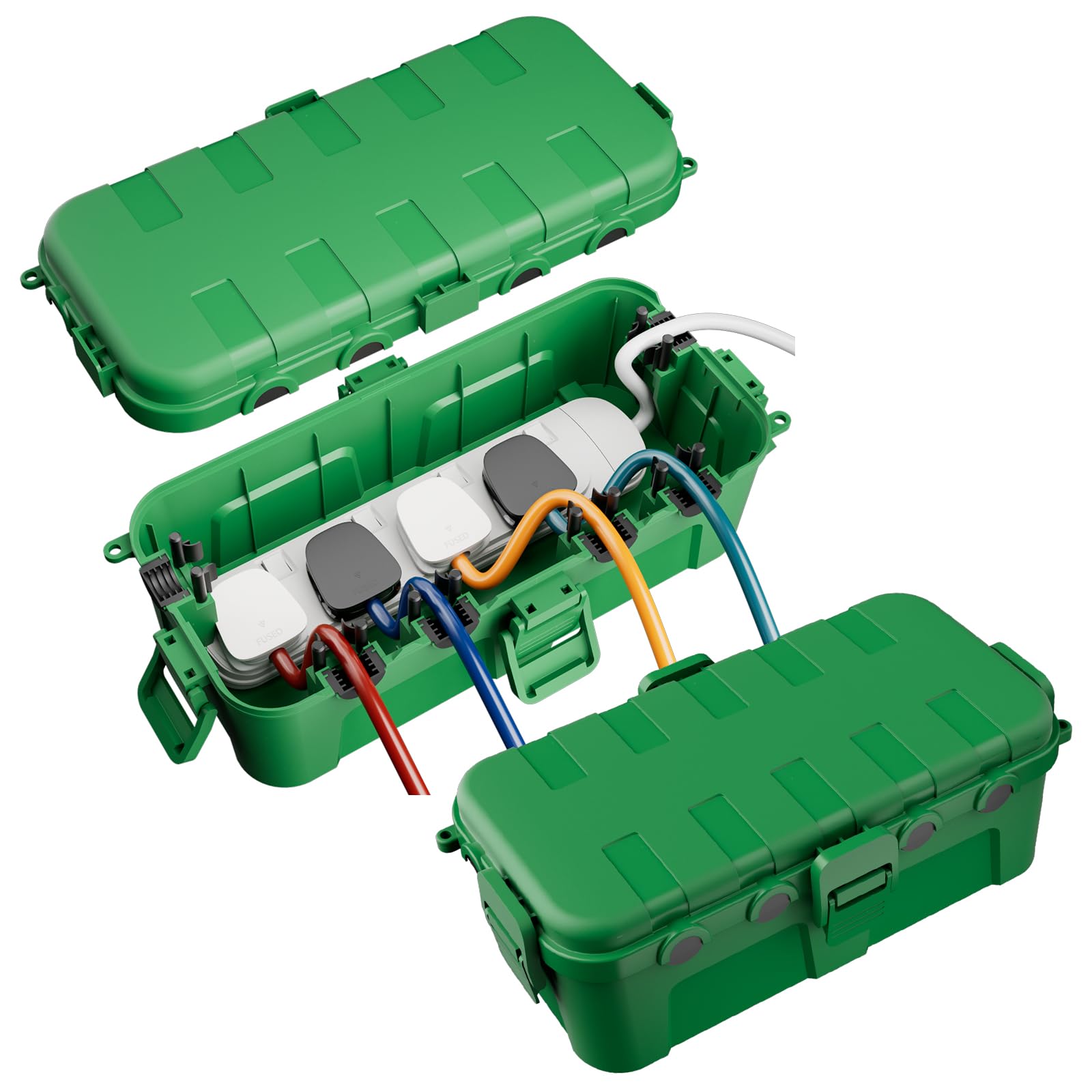 [2 PACK] RESTMO Outdoor Waterproof Box (29 × 13.2 × 10cm), IP54 Weatherproof Electrical Box for Multi Plug Extension Lead, Protect Outlet, Plug, Christmas String Lights from Water, Snow, Dust, Green