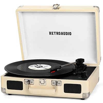 Vinyl Record Player with Built-in Speakers 3-Speed Vintage Record Player Bluetooth Portable Suitcase Turntable Belt-Driven LP Player Support RCA Output and Headphone Output (Creamy White)