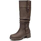 DECARSDZ Women's Knee High Black Leather Boots Chunky Low Heels Boot Stylish Tall Boots for Women
