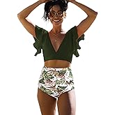 SPORLIKE Women Ruffle High Waist Swimsuit Two Pieces Push Up Tropical Print Bikini