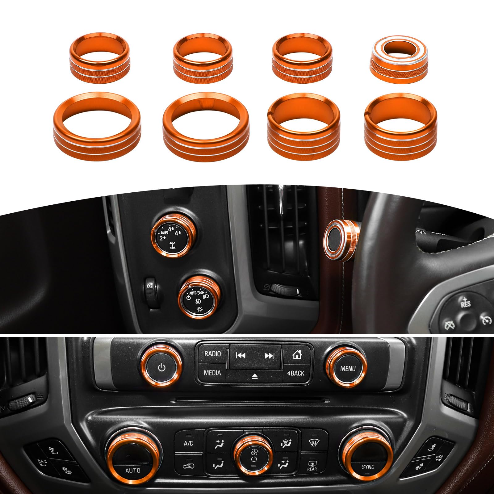 Photo 1 of RT-TCZ for Silverado Radio AC Control Knobs Cover Trim Rings Orange for Chevy Silverado Suburban GMC Sierra 2014-2018 Orange Interior Accessories 8pcs