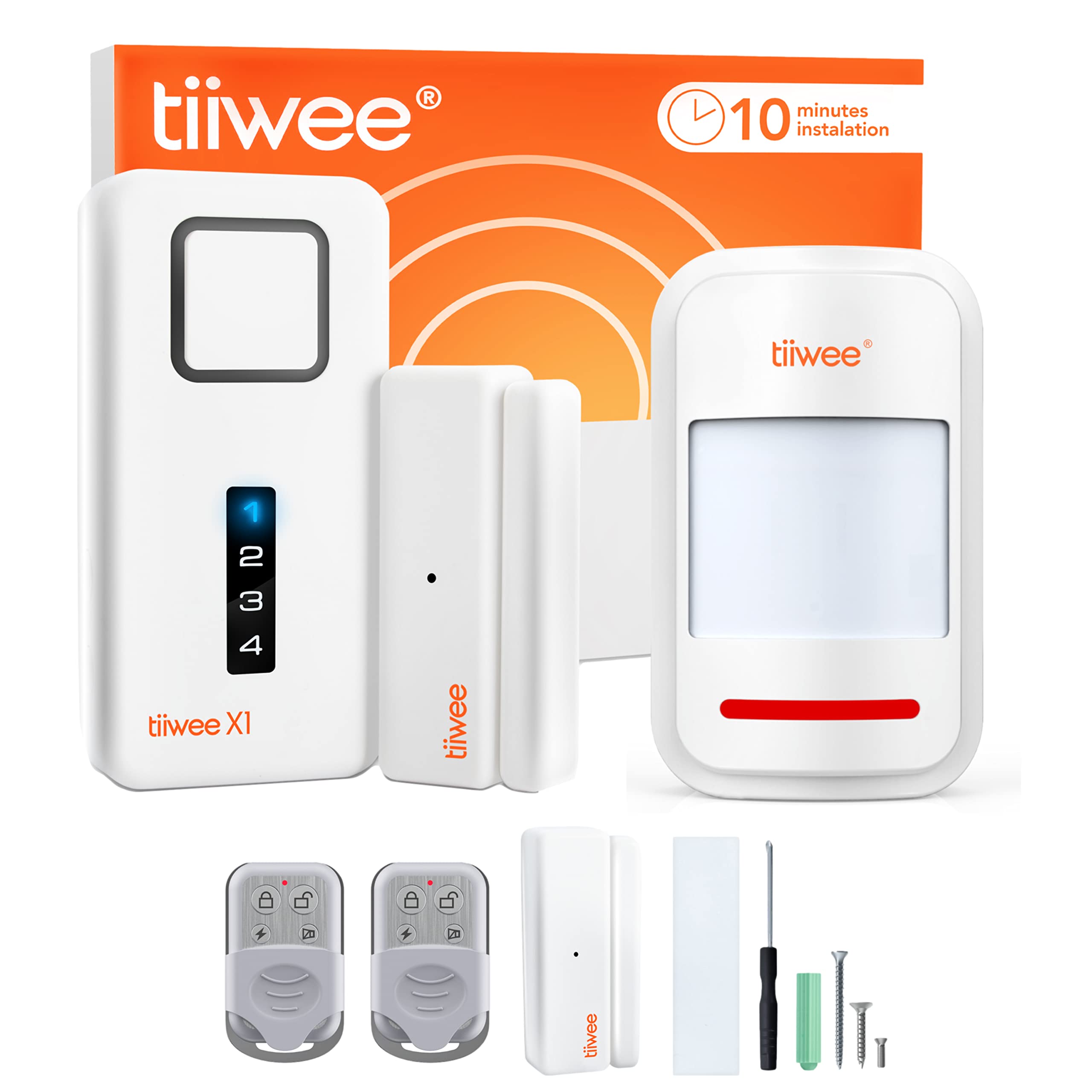 tiiwee Home Alarm System Wireless Kit X1 - Complete alarm system with X1 siren, 2 window door sensors, 1 motion sensor and 2 remote controls - window alarm door alarm