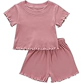 Dimoybabe Toddler Baby Girl Summer Clothes Ribbed Knit Cotton Cute Summer Outfits Short Sleeves 2 Pieces Shorts Set 12M - 5T