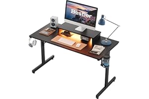 Bestier Small Computer Desk with Monitor Stand, 42 inch LED Office Desk, Study Writing Desk with Cup Holder & Headset Hooks, Modern Simple Style Desk for Home Office & Dorm, Black