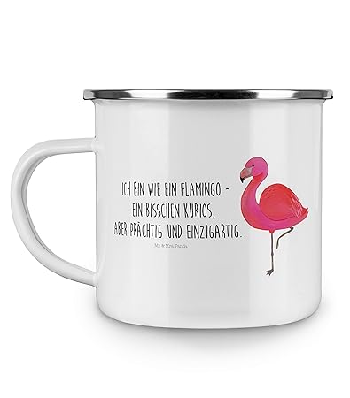 Mr. & Mrs. Panda Campingbecher, Kaffeetasse, Emaille Tasse Flamingo Classic mit Spruch - Farbe Weiß